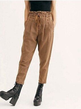 Free People Margate Pleated Paper Bag Trouser High Rise Button-Fly Brown